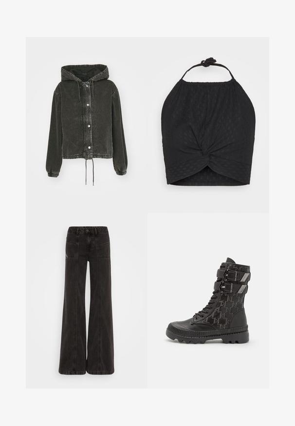 Čierna kapucňová bunda vyrobená z jemného materiálu, s patentkami, elastickými manžetami a šnúrkou na spodnom leme pre nastaviteľné prispôsobenie.; Even&Odd WRINKLE HALTER - Top - black; Čierne široké džínsy vyrobené z denimu, s vysokým pásom, prednými vreckami a tonálnym prešívaním pozdĺž švov.; Čierne bojové topánky s textúrovaným zvrškom s vzorom houndstooth, dvoma nastaviteľnými prackami a drsnou podrážkou.