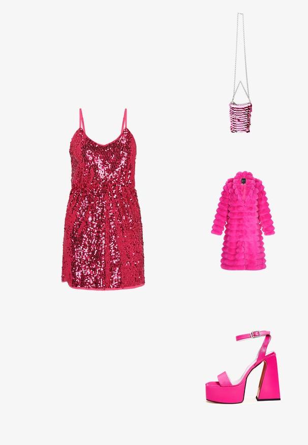 Faux fur jakke i lys pink, med et tekstureret, puffet design med runde sektioner og en krave. Ingen synlige lukninger foran.; Rosa palietkjole med spaghetti-stropper, tætsiddende talje og skørt med vidde; har en skinnende, tekstureret overflade med en levende farve.; Lyserøde platform sandaler med bred firkantet hæl, ankelrem, glat finish og åben tå design. Spændeaccent ved anklen.; Lyserød pailletpung med en sølvring, prydet med overlapende runde pailletter i forskellige nuancer af lyserød og i rektangulær form.