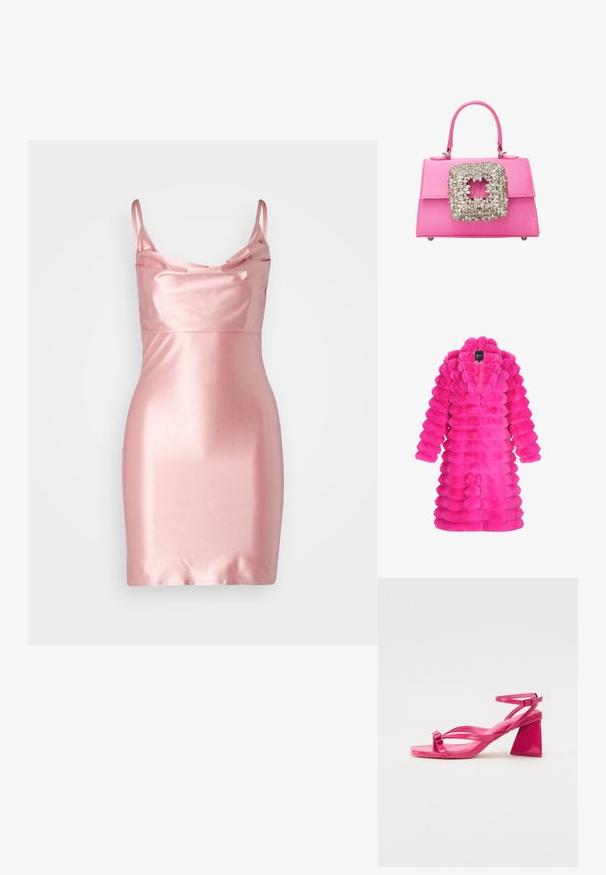 Faux fur jakke i lys pink, med et tekstureret, puffet design med runde sektioner og en krave. Ingen synlige lukninger foran.; Lyserød satin mini-kjole med spaghetti-stropper, draperet halsudskæring og en glat, skinnende tekstur. Tætsiddende silhuet og nederkanten falder til midt på låret.; Lyserøde patenterede læderhælede sandaler med firkantet tå, smalle stropper og en geometrisk blokhæl. Har en spænde detaljer på stroppen.; Rosa satin skuldertaske med et struktureret design, der har en stor smykkeklædt firkantet lås og korte håndtag. Bunden har metalfødder for stabilitet.