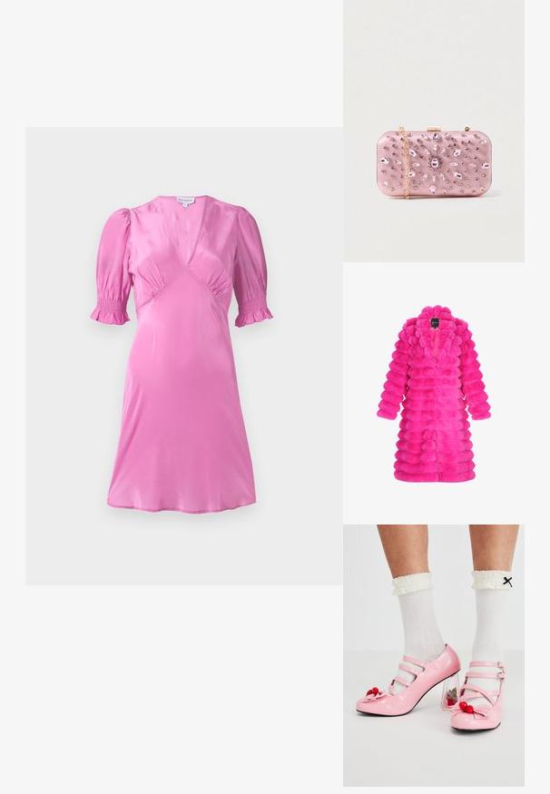Faux fur jakke i lys pink, med et tekstureret, puffet design med runde sektioner og en krave. Ingen synlige lukninger foran.; Lyserød satin kjole med korte puffærmer, en V-halsudskæring og samlede detaljer ved busten og ærmeslutterne. Glat, skinnende tekstur.; Lyserøde laklæderhæle med rund tå, tre remme og kirsebærpynt. Klart blokhæl med blomsterdekorationer. Hvide ribbede sokker.; Lyserød satin clutch med juvelbesætninger, rektangulær form, guld kæde og lås, prydet med et blomstermotiv i rhinsten.