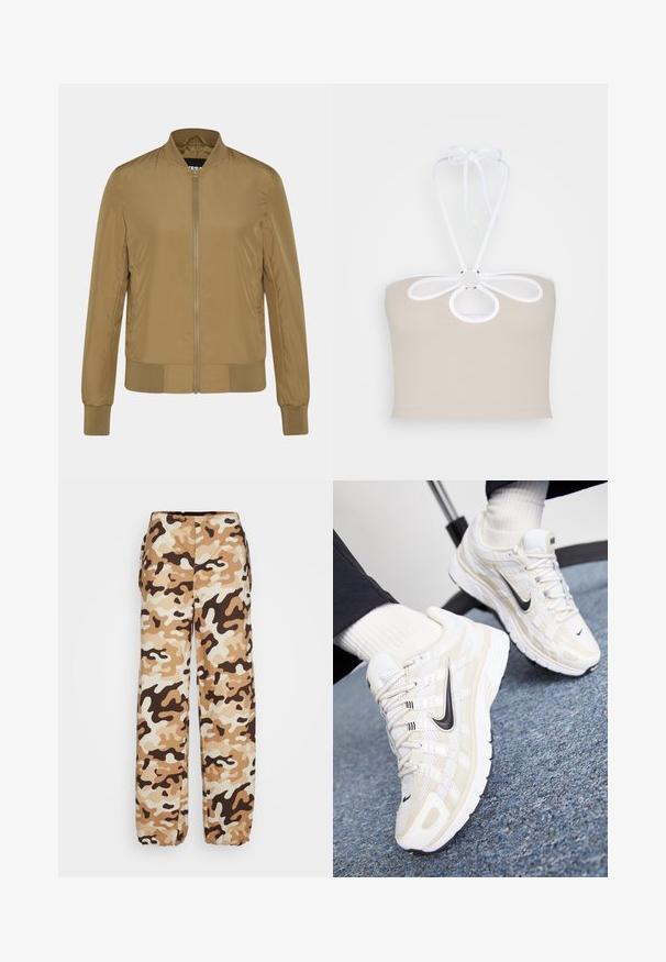 Veste bombardier marron en matériau léger, avec un col côtelé, des poignets et un ourlet côtelés, fermée par un zip sur le devant et équipée de poches latérales.; Even&Odd by Zalando Débardeur - taupe; Envii PANTS - Pantalon classique - desert; Des baskets Nike blanches et beiges avec une tige en mesh, un revêtement texturé, un swoosh noir et une semelle rembourrée avec une semelle extérieure antidérapante.
