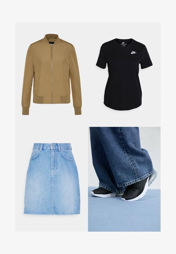 Braune Bomberjacke aus leichtem Material, mit einem gerippten Kragen, Bündchen und Saum, einem Reißverschluss vorne und seitlichen Taschen.; Schwarzes Baumwoll-T-Shirt mit kurzen Ärmeln, das ein weißes Nike-Logo auf der Brust, einen klassischen Rundhalsausschnitt und einen geraden Saum aufweist.; Helleblaue Jeansrock mit geradem Schnitt, vorn mit Knopfverschluss und zwei Seitentaschen. Der Saum ist leicht ausgefranst für einen lässigen Look.; Schwarze Sportschuhe mit Mesh-Details, weißer Sohle und sichtbarer Luftpolsterung, kombiniert mit blauen, weit geschnittenen Jeans.