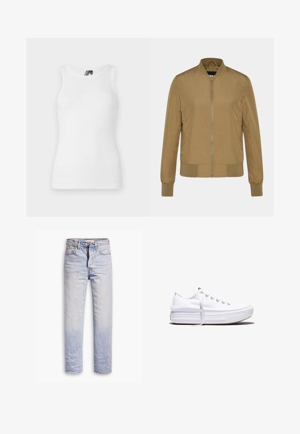 Chaqueta bomber marrón hecha de material ligero, con un cuello, puños y dobladillo acanalados, con una cremallera frontal y bolsillos laterales.; Top de tirantes blanco con canalé, que presenta un escote redondo y un diseño sin mangas, hecho de una suave mezcla de algodón con una silueta ajustada.; Jeans de denim azul claro con un diseño de pierna recta, que cuentan con un cierre de botón, cinco bolsillos y un ligero desgastado a lo largo de las piernas.; Zapatilla blanca de lona de perfil bajo con suela gruesa de plataforma, cierre de cordones en el frente y puntera de goma texturizada, mostrada de perfil.