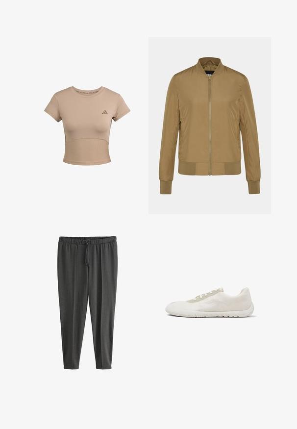 Braune Bomberjacke aus leichtem Material, mit einem gerippten Kragen, Bündchen und Saum, einem Reißverschluss vorne und seitlichen Taschen.; Beige Sport cropped T-Shirt mit kurzen Ärmeln, geripptem unteren Abschnitt und dezentem Logo auf der Brust. Glatte Textur, taillierte Passform.; Dunkelgraue, elastische Jogginghosen aus weichem Stoff; ausgestattet mit einem elastischen Bund mit Kordelzug und zulaufenden Beinen.; Flacher weißer Sneaker mit gestricktem Obermaterial, hellgrauer Ösenblende, weißen Schnürsenkeln und flexiblem Gummisohlen, von der Außenseite des Schuhs gezeigt.