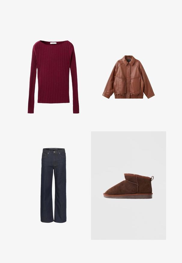 Bruine leren jas met een puntkraag, twee voorzakken en een elastische tailleband. Heeft een gladde textuur en een ontspannen pasvorm.; Bordeaux geribbelde longsleeve top met een ruime halslijn en een aansluitende pasvorm, gemaakt van een zachte breimateriaal.; Donkerdenim wijde pijpen jeans met een hoge taille, voorzien van vijf zakken, contrasterende stiksels en een ruwe zoom aan de onderkant.; Bruine suède enkelslipper met gestikte naden, een lussenriem aan de hiel en een rubberen zool op een effen lichte achtergrond.