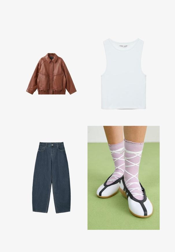 Hnedá kožená bunda s klopeným golierom, dvoma prednými vreckami a elastickým pásom. Má hladkú textúru a voľný strih.; Biely bezrukávový crop top s okrúhlym výstrihom, vyrobený z hladkej látky, označený Pull&Bear, vhodný na bežné nosenie.; Tmavomodré denimové nohavice širokého strihu s vysokým pásom, obsahujúce päť vreciek a viditeľné švy. Čistý, minimalistický dizajn.; Nohy v rebrovaných levanduľových ponožkách s bielymi krížovými pásmi v kombinácii s bielymi baletnými papučkami s čiernym lemom na zelenej podlahe.