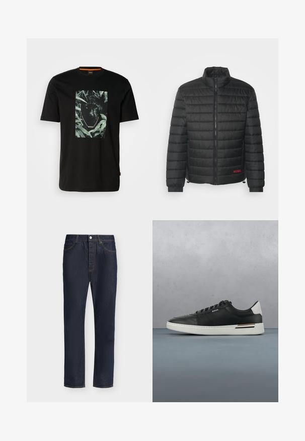 Sort pufferjakke med horisontale syninger, højt krave, frontlynlås og elastiske manchetter. Har "HUGO" logo i rød nederst.; Sort bomulds t-shirt med et centralt grafik af en panter omgivet af blade, med en kædekrave og "BOSS" tekst. Korte ærmer.; Mørkeblå denimjeans med lige ben, forreste lukning med knap og lynlås, bæltestropper samt for- og baglommer.; Sort lædersneaker med hvid sål, har perforeringer, snørebåndsdesign, logo på siden og kontrasterende hældetalje i hvid og brun.