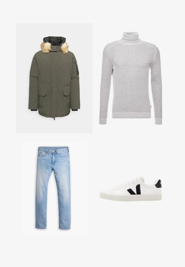 Schott NELSON - Manteau d'hiver - kaki; Pull à col roulé gris à côtes, avec des manches longues, présentant un motif texturé et une silhouette ajustée au niveau du cou et des poignets.; Jean en denim bleu clair avec une coupe droite, cinq poches et un bouton de fermeture. Présente un léger délavage et des accents de couture orange.; Sneaker blanche en cuir avec des accents en daim noir ; dispose d'une semelle en caoutchouc, d'un bout rond et d'un design classique à lacets. Logo latéral en noir.