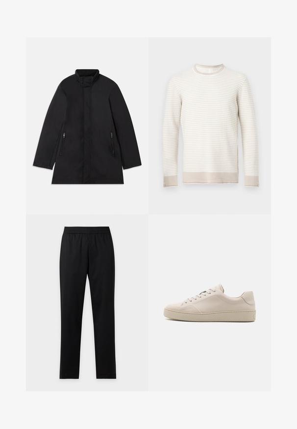 Schwarzer Mantel aus glattem Stoff, mit hohem Kragen, langen Ärmeln und zwei seitlichen Reißverschlusstaschen. Gerades Design, minimalistische Details.; Langärmeliges beiges und elfenbeinfarbenes Strickpullover mit strukturiertem horizontalem Rippmuster, Rundhalsausschnitt sowie gerippten Bündchen und Saum.; Schwarze, gerade Hose mit elastischem Bund, ohne sichtbare Taschen oder Muster, flach auf hellem Hintergrund dargestellt.; Beige Leder-Sneaker mit glatter Oberfläche, abgerundetem Zehenbereich, flacher Sohle und klassischem Schnürdesign. Dezente Nähte und strukturierte Laufsohle.