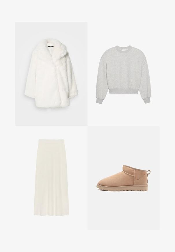 Manteau en fausse fourrure blanche avec un large col, une coupe oversized et des épaules tombantes. Texture douce et confection sans coutures apparentes ni attaches visibles.; Sweatshirt gris court, col rond, épaules tombantes, manches longues avec poignets côtelés, fabriqué en tissu doux en mélange de coton, texture minimaliste.; Une jupe crème, longueur genou, confectionnée dans un tissu doux, avec une texture lisse et une taille ajustée pour plus de confort.; Botte de cheville en daim beige avec un bout arrondi, une texture douce, un design simple et une semelle en caoutchouc à profil bas. Dispose d'une languette à l'arrière.