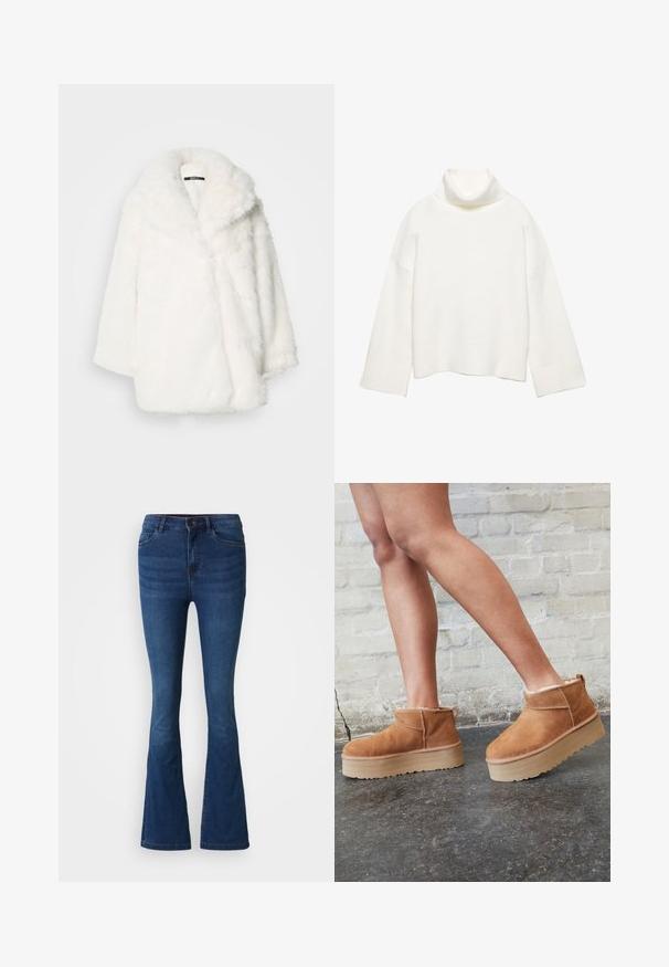 Hvid frakke i imiteret pels med bred krave, oversized pasform og faldede skuldre. Blød tekstur og sømløs konstruktion uden synlige lukninger.; Hvid rullekrave sweater lavet af blødt stof, med en afslappet pasform, sænkede skuldre og brede ribstrikkede manchetter og kant.; Mørkeblå denim flare jeans med for- og baglommer, knap- og lynlåslukning samt slidte detaljer på lår og knæ.; Brune ruskinds ankelsko med en blød foring, tyk beige plattformsål og en bageste løkke. Tekstureret overflade med synlige sømdetaljer.