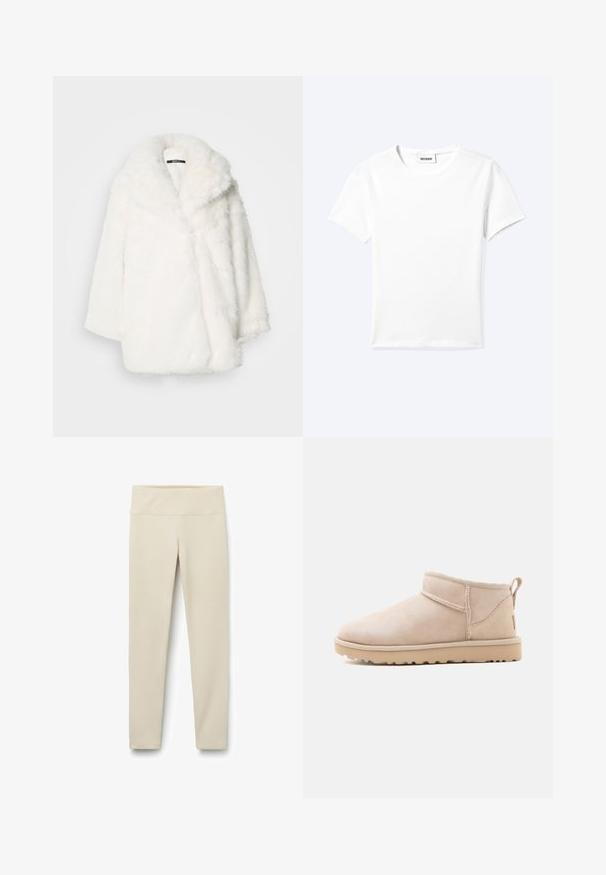 Abrigo de piel sintética blanca con un amplio cuello, corte holgado y hombros caídos. Textura suave y confección sin costuras visibles o cierres.; Camiseta blanca lisa de manga corta con cuello redondo y una pequeña etiqueta "WEEKDAY" dentro del cuello, mostrada extendida sobre un fondo claro.; Leggings beige con una cinturilla alta y ancha, fabricados con una tela suave y elástica. Diseño de pierna recta sin costuras o patrones visibles.; Botín beige de ante con suela plana, costuras visibles y una lengüeta en la parte trasera sobre un fondo blanco liso.