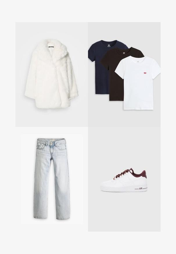 Hvid frakke i imiteret pels med bred krave, oversized pasform og faldede skuldre. Blød tekstur og sømløs konstruktion uden synlige lukninger.; Tre kortærmede t-shirts i navy, sort og hvid bomuld, med rund halsudskæring og et lille rødt logo på den hvide t-shirt.; Lyseblå denimjeans med en afslappet pasform, høj talje og fem-lomme design. Har syning detaljer og knaplukning.; Hvide læder sneakers med mørkerøde accenter, der har runde snørebånd, en polstret krave og teksturerede gummisåler. "AIR" trykt på siden.