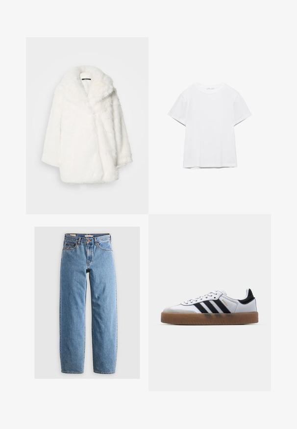 Hvid frakke i imiteret pels med bred krave, oversized pasform og faldede skuldre. Blød tekstur og sømløs konstruktion uden synlige lukninger.; Hvid, kortærmet T-shirt med rund hals og lige kant, vist på en hvid baggrund.; Lysblå denim jeans med lige ben-design, fem lommer, lynlås og en subtil falmet tekstur. Klassisk stil med minimal hardware.; Hvide lædersneakers med sorte striber, gummirubber sål, rund tå, snørelukning og blød grå ruskinds tåhætte.