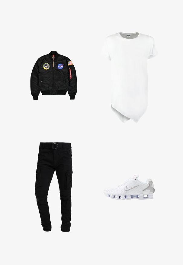 Schwarze Bomberjacke mit NASA- und Space-Shuttle-Abzeichen, einem amerikanischen Flaggen-Emblem am Ärmel und einem roten "Remove Before Flight" Anhänger.; Kurzärmliges weißes T-Shirt mit Rundhalsausschnitt und asymmetrischem Saum, aus einem Baumwollmischgewebe mit glatter Textur.; Schwarze Cargo-Hose mit Gürtel, die mehrere Seitentaschen, eine schlanke Passform und einen strukturierten Stoff aufweist. Das Design betont Funktionalität und Langlebigkeit.; Weiße Sportschuhe mit einer strukturierten Oberseite, einem silbernen Swoosh-Logo, Mesh-Einsätzen und einer markanten, segmentierten weißen Sohle.