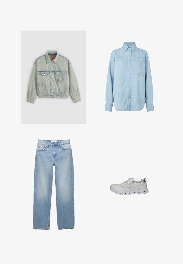 Levi's® 90S TRUCKER SNOW PIC TRUCKER - Farkkutakki - boss business trucke; Vaaleansininen farkkupaita, jossa on pitkät hihat, napitettavat etuosat, terävä kaulus, yksi rintatasku sekä hienovaraiset pystysaumat.; Vaaleansiniset farkut, joissa on suora lahjemuoto, viisi taskua ja näkyvät ompeluyksityiskohdat. Kangas on pehmeää ja hieman haalistunutta.; Valkoinen lenkkari, jossa on tyylikäs muotoilu, nahkapäällinen, hopeiset yksityiskohdat, teksturoidut päällysteet ja rei'itetty kumipohja ilmanvaihtoa varten.