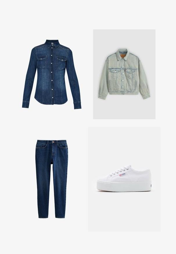 Levi's® 90S TRUCKER SNOW PIC TRUCKER - Spijkerjas - boss business trucke; Donkerblauw denim overhemd, met een knoopsluiting aan de voorkant, een puntige kraag en twee borstzakken met klep. Lange mouwen met knoopsluiting.; Donkerblauwe denim jeans met een getailleerd ontwerp, vijf zakken en een ritssluiting met een frontknop. Zachte textuur met minimale vervaging.; Witte canvas sneaker met een dikke witte platformzool, ronde neus en metalen oogjes voor veters. Merkl logo aan de zijkant weergegeven.
