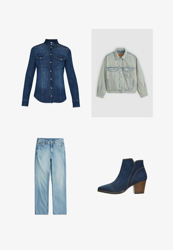 Levi's® 90S TRUCKER SNOW PIC TRUCKER - Veste en jean - boss business trucke; Chemise en denim bleu foncé, avec une fermeture à boutons à l'avant, un col pointu et deux poches sur la poitrine avec rabat. Manches longues avec poignets boutonnés.; Jean en denim bleu clair avec jambes droites, fermeture à bouton et zip à l’avant, passants de ceinture, poches avant et arrière.; Botte de cheville en denim avec un bout pointu, un design structuré, des coutures contrastées et un talon en bois, affichant une couleur bleu foncé.