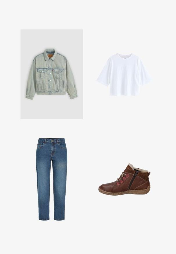 Levi's® 90S TRUCKER SNOW PIC TRUCKER - Jeansjacke - boss business trucke; Weißes kurz geschnittenes T-Shirt aus weichem Stoff, mit rundem Ausschnitt und kurzen, weiten Ärmeln für eine lockere Passform. Keine sichtbaren Muster oder Akzente.; Blaue High-Waist-Jeans mit geradem Bein aus Denim, vorne mit Knopf und Reißverschluss, zwei Vordertaschen und Gürtelschlaufen.; Braune Leder-Stiefeletten mit Kunstfellfutter, runder Zehenform, kontrastierenden roten Ösen, seitlichem Reißverschluss und strukturiertem Korksohle.