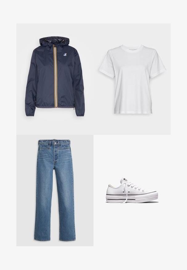 Veste légère bleu marine avec capuche, dotée d'une fermeture éclair jaune et blanche, de poignets élastiques et d'un logo sur le côté gauche de la poitrine.; T-shirt en coton blanc à manches courtes, col rond et coupe décontractée. Texture lisse, sans motifs ni graphiques, design basique.; Jeans droit bleu clair en denim. Comprend une fermeture à bouton, cinq poches et un léger délavage. Pas d'ornements ni de motifs.; Baskets basses en toile blanche avec lacets blancs, semelle en caoutchouc, détails à rayures noires, et écusson logo sur la languette et le talon.
