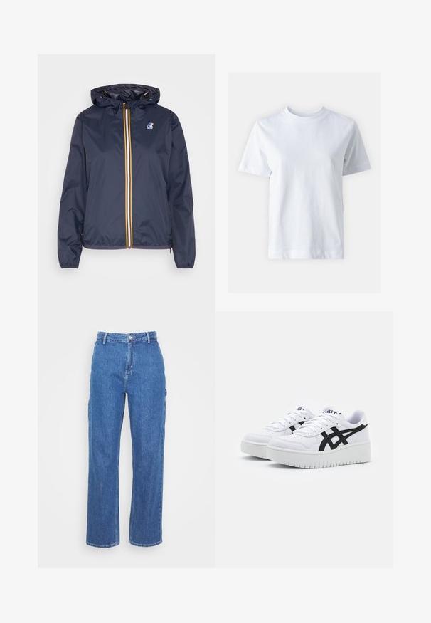Dunkelblaue leichte Jacke mit Kapuze, ausgestattet mit einem gelben und weißen Reißverschluss, elastischen Bündchen und einem Logo auf der linken Brust.; Weißes Baumwoll-T-Shirt mit Rundhalsausschnitt, kurzen Ärmeln, gerader Schnittführung und glatter Textur. Keine Muster oder Verzierungen.; Blaue High-Waist-Jeans mit geradem Bein, ausgestattet mit einem Frontknopfverschluss und seitlichen Taschen. Glatte Textur und keine sichtbaren Muster.; Weiße Sneaker mit einer strukturierten Oberfläche, schwarzen Seitenstreifen und einer dicken weißen Sohle. Verfügt über ein Schnürdesign und ein Logo auf der Zunge.