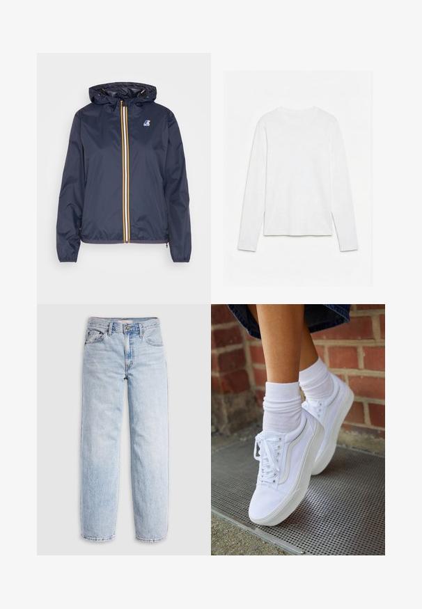 Chaqueta ligera de color azul marino con capucha, que presenta un zipper amarillo y blanco, puños elásticos y un logo en el lado izquierdo del pecho.; Camiseta blanca lisa de manga larga con cuello redondo, extendida sobre una superficie blanca, mostrando el frente y la longitud completa de la manga.; Jeans de mezclilla azul claro con cintura alta, corte relajado, piernas rectas y un diseño clásico de cinco bolsillos. Desgastado visible y detalles de costuras.; Zapatillas de lona blancas con suelas de goma, que presentan seis ojales, puntera redonda y detalles de costura ligera, combinadas con calcetines blancos hasta el tobillo.
