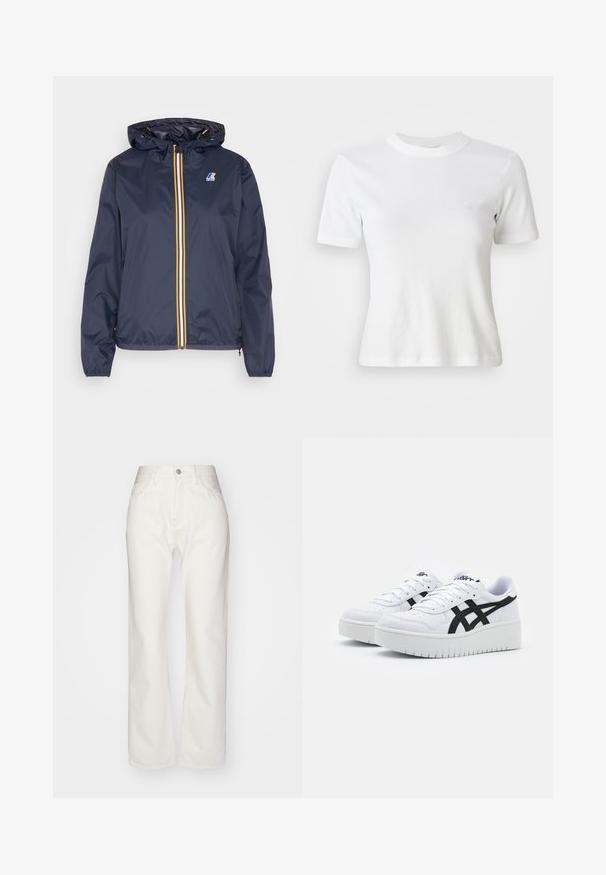 Dunkelblaue leichte Jacke mit Kapuze, ausgestattet mit einem gelben und weißen Reißverschluss, elastischen Bündchen und einem Logo auf der linken Brust.; Weiße, gerippte Kurzarm-T-Shirt mit Rundhalsausschnitt und kleinem Logo auf der Brust. Aus weichem Stoff gefertigt mit taillierter Passform.; Weiße Denim-Hosen mit hoher Taille und weit geschnittenem Bein. Mit einem Knopf- und Reißverschluss, Gürtelschlaufen und dezenten Nähten.; Weiße Sneaker mit einer strukturierten Oberfläche, schwarzen Seitenstreifen und einer dicken weißen Sohle. Verfügt über ein Schnürdesign und ein Logo auf der Zunge.