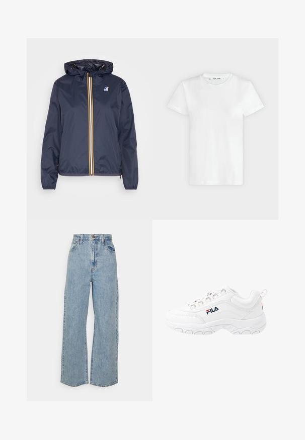 Veste légère bleu marine avec capuche, dotée d'une fermeture éclair jaune et blanche, de poignets élastiques et d'un logo sur le côté gauche de la poitrine.; T-shirt blanc uni à manches courtes et col rond, posé à plat sur un fond gris clair, montrant le devant avec l'étiquette à l'intérieur du col.; Jean en denim bleu clair à taille haute, à jambes larges, avec fermeture à bouton et zip à l'avant, et design à cinq poches sur fond uni.; Baskets blanches de sport avec une tige en cuir lisse, dotées d'une semelle en caoutchouc texturé, d'œillets métalliques et d'un logo contrastant sur le côté.