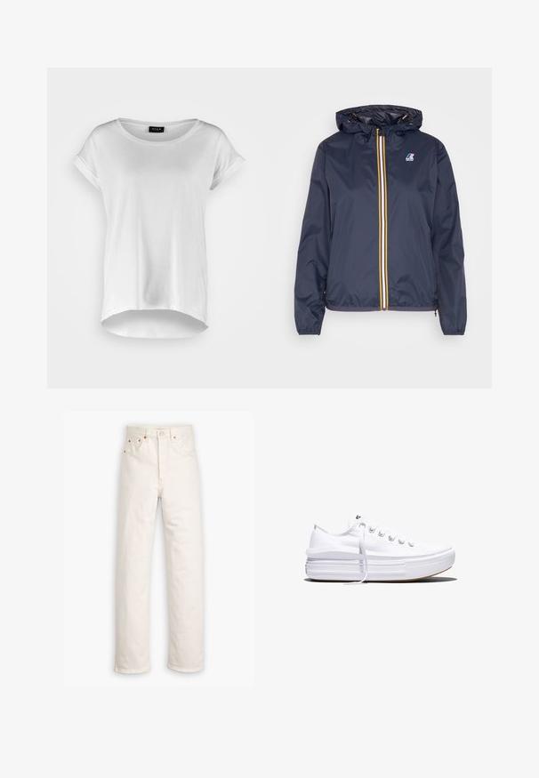 Lichtgewicht marineblau jack met capuchon, voorzien van een gele en witte rits, elastische manchetten en een logo op de linkerkant van de borst.; Witte T-shirt met korte mouwen en ronde halslijn, iets langere achterkant, zachte katoen stof en opgerolde mouwen. Geen zichtbare prints.; Witte denim jeans met een recht gesneden ontwerp, vijf zakken en koperen hardware accenten. Afgeronde zoom aan de enkels.; Witte lage canvas sneaker met dikke plateauzool, veters aan de voorkant en rubberen toeskap met structuur, zijaanzicht.