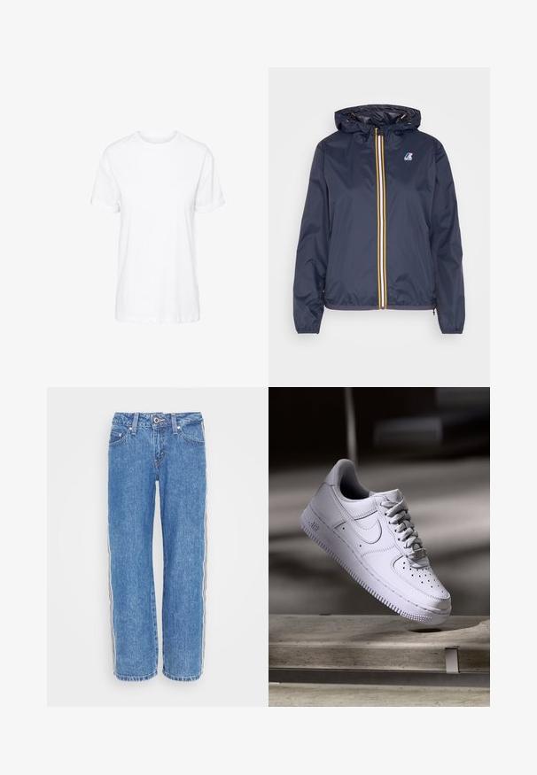 Dunkelblaue leichte Jacke mit Kapuze, ausgestattet mit einem gelben und weißen Reißverschluss, elastischen Bündchen und einem Logo auf der linken Brust.; Weißes Baumwoll-T-Shirt mit kurzen Ärmeln, Rundhalsausschnitt und legerem Schnitt, mit glatter Textur und ohne sichtbare Muster.; Blaue Jeans aus Denim mit geradem Schnitt, versehen mit vertikalen schwarz-weißen Streifen an den Seiten und einem Knopfverschluss an der Taille.; Weißer Nike Air Force 1 Sneaker schwebt über einer Betonoberfläche mit Schatten in einem minimalistischen Umfeld.