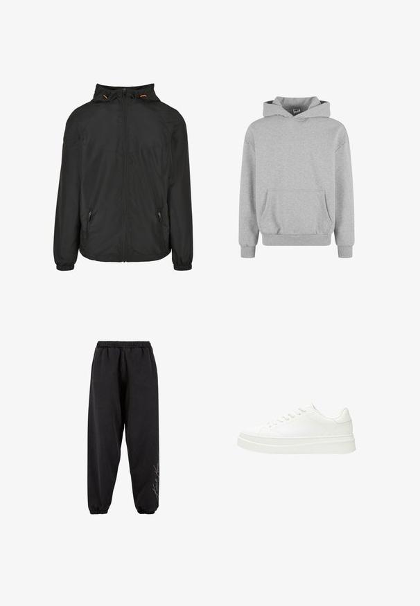 Sort regnjakke med hætte, lynlås lukning og elastiske manchetter. Har to sidelommer og justerbare snore i hætten.; Grå sweatshirt med hætte, lange ærmer og frontlomme. Fremstillet af blødt stof med ribbede manchetter og kant. Minimalistisk design og alsidig stil.; Sorte sweatpants lavet af blødt stof med elastisk talje. Taperede ankler og trykt tekstdetalje på den ene side. Casual, afslappet pasform.; Hvid sneaker med en glat læderoverdel, flade snørebånd og en tyk gummisål. Minimalistisk design med diskret syning og glatte detaljer.