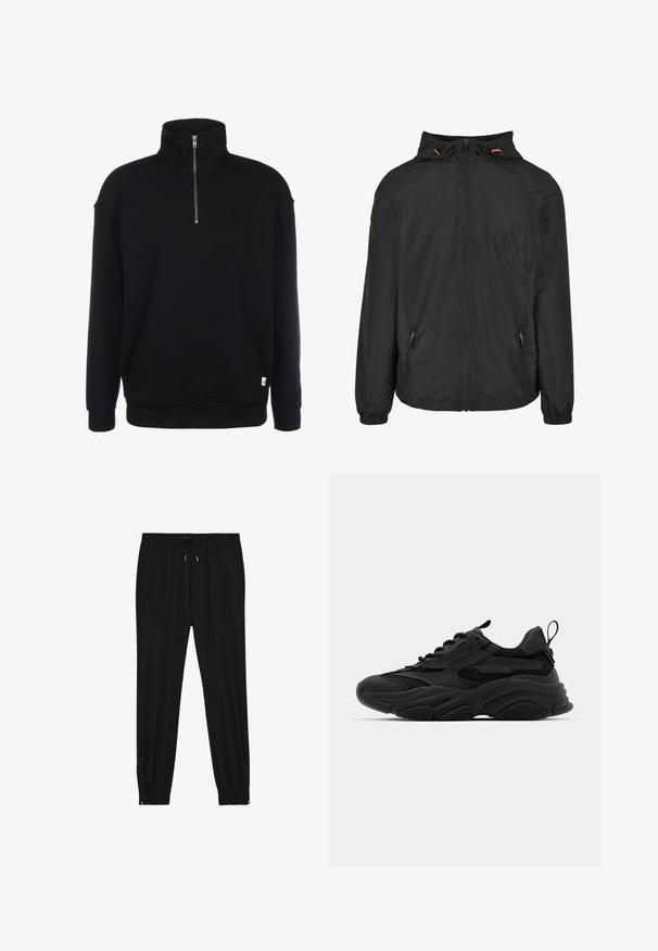 Schwarze Regenjacke mit Kapuze, Reißverschluss und elastischen Bündchen. Verfügt über zwei Seitentaschen und verstellbare Kordelzüge an der Kapuze.; Schwarzer Sweatshirt mit Zip-Kragen, langen Ärmeln, weicher Textur, einer Fronttasche und einem kleinen grünen Logo am Saum.; Schwarze Jogginghosen aus weichem Stoff. Mit elastischem Bund und Kordelzug, zwei Fronttaschen und Reißverschluss an den Knöcheln für ein einfaches Anziehen.; Schwarze Sportschuhe mit einer dicken Sohle, Mesh-Einsätzen und Gummidetails. Verfügen über eine Zuglasche an der Ferse und strukturierte Muster.
