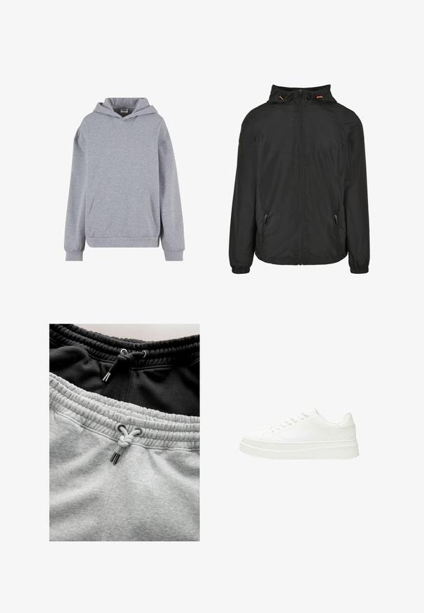 Schwarze Regenjacke mit Kapuze, Reißverschluss und elastischen Bündchen. Verfügt über zwei Seitentaschen und verstellbare Kordelzüge an der Kapuze.; Hellgrauer Pullover mit Kapuze, langen Ärmeln, Kängurutasche vorne und gerippten Bündchen auf weißem Hintergrund.; Graue und schwarze Jogginghose mit einem elastischen Bund und Kordelzug. Weicher Stoff mit einer dicken, gerippten Oberfläche am Bund.; Weiße Sneaker mit einem glatten Lederoberteil, flachen Schnürsenkeln und einer dicken Gummisohle. Das minimalistische Design verfügt über subtile Nähte und nahtlose Akzente.
