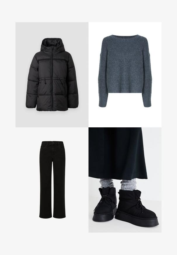 Čierna puffová bunda s kapucňou, zipsom, elastickým stahovacím pásom a dvoma prednými vreckami. Textúrovaná, izolovaná látka.; Weekday IVY - Svetrík - dark grey; Čierne rovné džínsy s vysokým pásom, obsahujúce predné vrecká, s uzáverom na gombík a čistými líniami bez ozdôb.; Čierne nadýchané členkové topánky s plochými podrážkami, šnúrkami a výrazným šitím. V kombinácii so šedými rebrovanými ponožkami, ktoré vyčnievajú, nosené s tmavou sukňou.