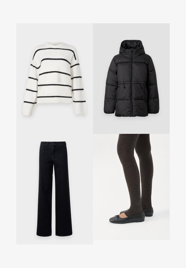 Veste matelassée noire avec capuche, fermeture éclair, taille élastique avec cordon de serrage et deux poches avant. Tissu texturé et isolant.; Gina Tricot CREW NECK - Pullover - offwh; Jean en denim noir à jambes larges avec une taille haute, doté de poches standard et d'une fermeture à bouton. Texture lisse avec un léger, stretch.; Jambes portant des leggings côtelés foncés associés à des ballerines noires avec de petits détails en nœud sur fond blanc.