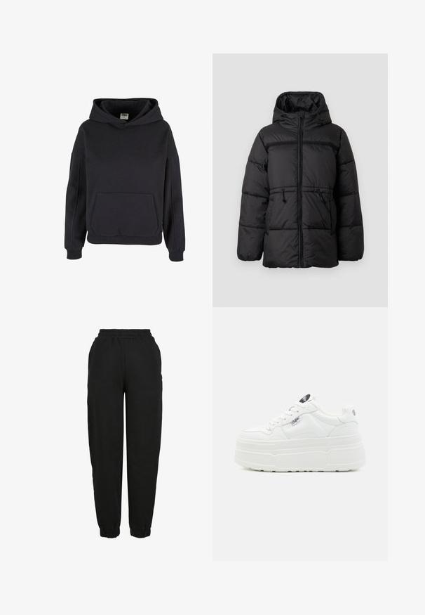 Musthave kaneel puffer jakk, millel on kapuuts, tõmbluku sulgemine, elastne paelavööd ja kaks esist kotti. Tekstuuriga, isoleeritud kangas.; Mustast pullover-stiilis kapuutsiga dressipluus kengurutasku, soonikkoesäärte ja lõdva lõikega.; Mustad sisenemisesse sünged dressipüksid pehmest kangast, elastse vöökoha, kitsenevate jõhvide ja lihtsa disainiga, ilma mustrite või kaunistusteta.; Valged platvormiksneakerid siledast sünteetilisest materjalist, ümmarguse varbaga, polsterdatud kaelusega ja tekstureeritud tallaga. Omab kontrastset logotagi.