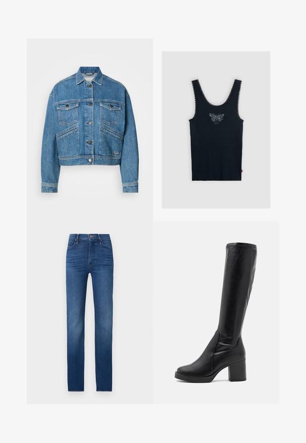 Blå denimjakke med kort design, der har to brystlommer, sidelommer og knaplukninger. Klassiske syninger over hele jakken.; Sort ærmeløs top med blonder på stropperne og en mørk sommerfugl-grafik i midten af brystet.; Mørkeblå skinny jeans med fem lommer og knaplukning, vist mod en ensartet lys baggrund.; Sorte knæhøje støvler lavet af glat læder med en kraftig hæl og en afrundet tå. Har et sømløst design og diskrete syningsdetaljer.