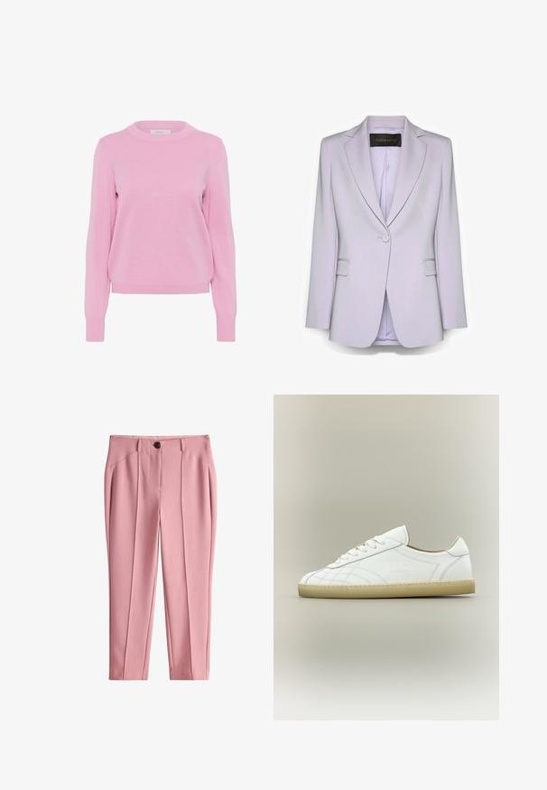 Lyselilla en-knaps blazer med hakrevers, klaplommer og glat foer, mærket Elena Mirò, vist mod hvid baggrund.; Lyserød striktrøje med rund hals, lange ærmer og ribbede manchetter og kant. Har en glat tekstur og klassisk pasform.; Skræddersyede bukser i blødt pink stof med høj talje, skarpt pres, og enkelt knaplukning for et strømlinet udseende.; Hvid lavtop lædersneaker med beige sål, snøredesign og subtile syede mønstre på neutral baggrund.