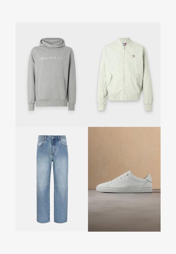Lichtgroene bomberjack van gladde stof; voorzien van een rits aan de voorzijde, ribgebreide manchetten, twee zijzakken en een klein logo-opdruk op de borst.; Grijze pullover hoodie van zachte stof, met een capuchon met trekkoord en een voorzak, met "QUARTZ CO" subtiel gedrukt op de borst.; Lichtblauwe jeans met rechte pijpen, voorzien van een frontknopenrij, ritssluiting, lussen voor een riem en voorzakken, afgebeeld op een witte achtergrond.; Witte leren lage sneaker met veters, zwevend boven een beige vloerkleed met textuur, vlakbij een ronde houten salontafel met boeken.