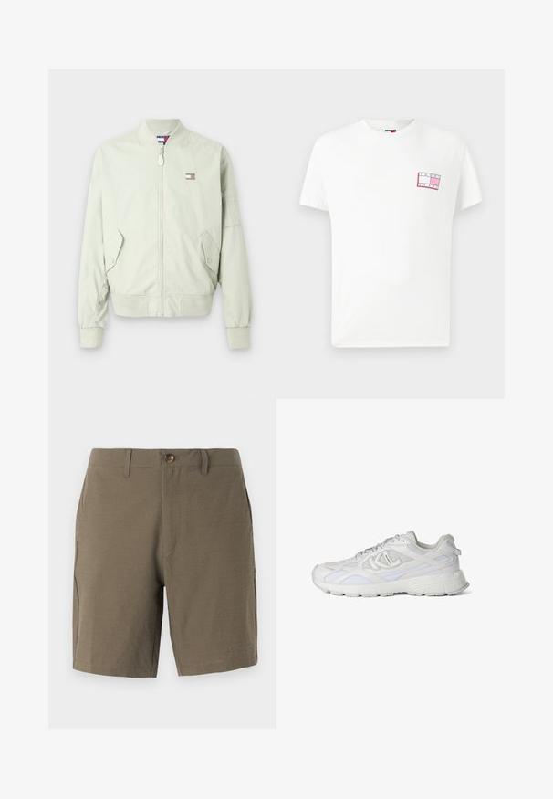 Lichtgroene bomberjack van gladde stof; voorzien van een rits aan de voorzijde, ribgebreide manchetten, twee zijzakken en een klein logo-opdruk op de borst.; Witte katoenen t-shirt met korte mouwen, voorzien van een merklogo in roze en zwart op de linkerkant van de borst. Rondhalsontwerp.; Olivengroene shorts gemaakt van textuurstof, met een knoopsluiting en een platte voorkant, en zijzakken voor functionaliteit.; Witte lage atletische sneaker met mesh- en leren panelen, dikke zool, veterluiting en merklogo aan de zijkant.