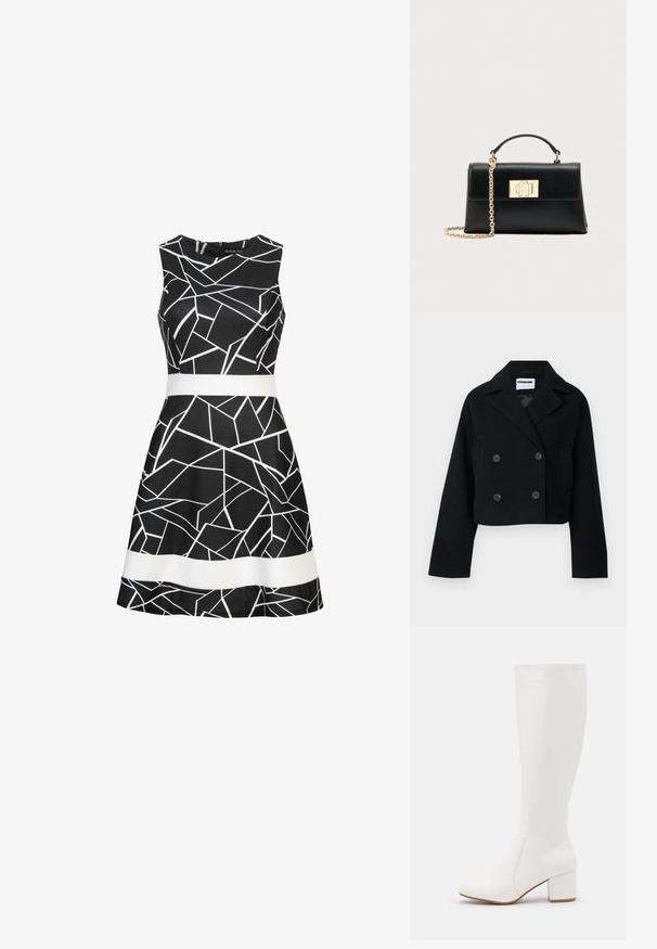 Veste noire courte à double boutonnage avec col cranté, manches larges, deux poches avant et six boutons assortis. Texture lisse.; Robe sans manches noire avec un motif géométrique blanc et une ceinture blanche contrastante à la taille. Tissu lisse et design de jupe évasée.; Bottes blanches jusqu'au genou avec une finition lisse et brillante. Talon carré et détails de couture subtils sur le côté.; Sac à main en cuir noir à la forme structurée, doté d'une poignée supérieure et d'une bandoulière chaîne ton or. Ornements dorés décoratifs avec détail de logo.