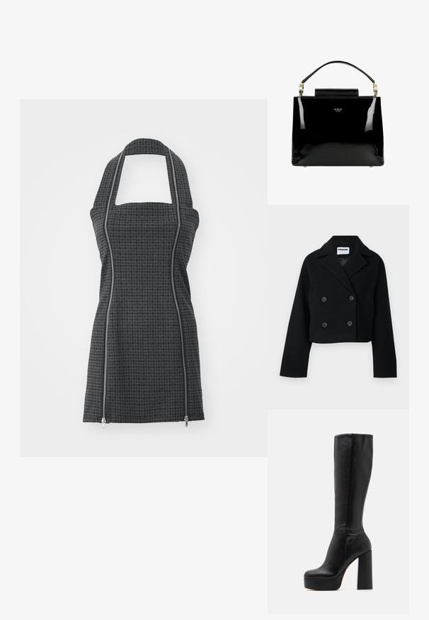 Veste noire courte à double boutonnage avec col cranté, manches larges, deux poches avant et six boutons assortis. Texture lisse.; Tablier noir et gris à motifs avec col halter, encolure carrée, détails de fermeture éclair à l'avant et coupe ajustée. Fabriqué en tissu texturé.; Bottes noires montantes en cuir lisse avec une finition texturée, dotées d'un talon bloc haut et d'un design à bout rond.; Sac à main en cuir verni noir avec un design structuré, comportant une poignée supérieure, des accents en métal doré et un petit rabat à l'avant.