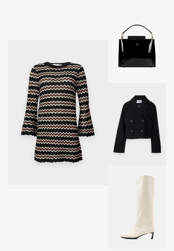 Sort cropped dobbeltknapsjakke med skrå krave, vide ærmer, to forlommer og seks matchende knapper. Glat tekstur.; Sort, hvid og brun zigzag-mønstret strikkjole med klokkeærmer og rund halsudskæring, der har et tekstureret åbent vævdesign.; Knæhøj hvid støvle lavet af glat materiale med spids tå og slank sort hæl. Har et enkelt design og minimal branding.; Sorte patentlæder håndtaske med et struktureret design, der har et top håndtag, guld hardware detaljer og en lille frontklap.