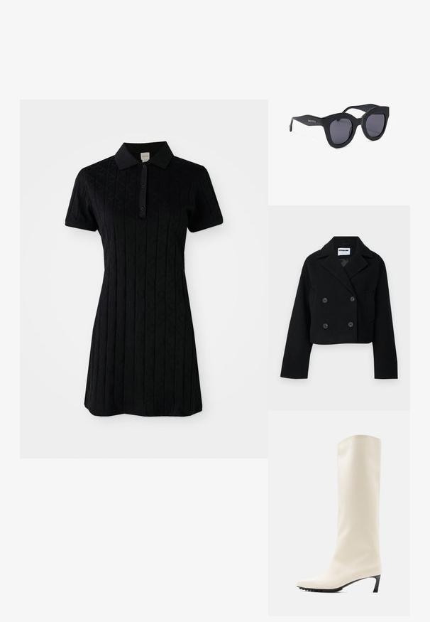 Chaqueta negra corta de doble botonadura con cuello muesca, mangas amplias, dos bolsillos frontales y seis botones a juego. Textura suave.; Vestido polo negro de manga corta, con un cuello y un patrón texturizado de diamantes y círculos. Cierre de botones en el cuello.; Bota blanca hasta la rodilla hecha de material liso con punta puntiaguda y tacón negro delgado. Presenta un diseño limpio y una marca mínima.; Gafas de sol negras de gran tamaño con forma de ojo de gato, lentes oscuras y marca "Gino Rossi" en las varillas, mostradas sobre un fondo blanco.