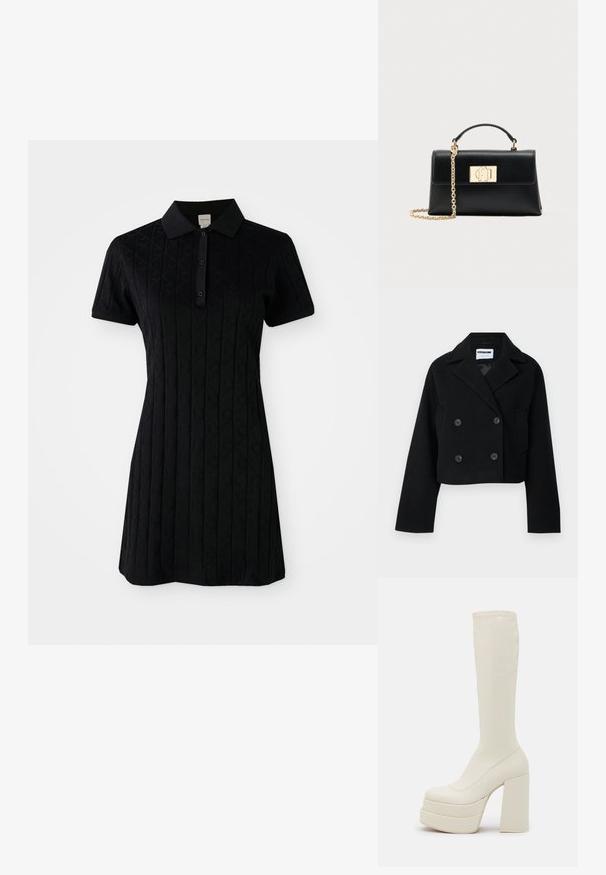 Chaqueta negra corta de doble botonadura con cuello muesca, mangas amplias, dos bolsillos frontales y seis botones a juego. Textura suave.; Vestido polo negro de manga corta, con un cuello y un patrón texturizado de diamantes y círculos. Cierre de botones en el cuello.; Steve Madden CYPRESS - Botas con plataforma - off white; Bolso de mano de cuero negro con una forma estructurada, que cuenta con un asa superior y una correa de cadena en tono dorado. Herrajes decorativos dorados con detalle de logo.