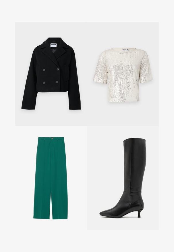 Schwarze kurze doppelte Jacke mit Reverskragen, weitem Ärmel, zwei Fronttaschen und sechs passenden Knöpfen. Glatte Textur.; Kurzärmliges Oberteil aus cremefarbenem Stoff, bedeckt mit silbernen Pailletten. Verfügt über einen runden Halsausschnitt und einen lockeren Schnitt, der eine strukturierte Oberfläche präsentiert.; Grüne, weit geschnittene Hosen aus einem glatten Stoff, mit zwei vorderen Taschen, einem Knopfverschluss und einem klaren, maßgeschneiderten Design.; Zign Stiefel - black