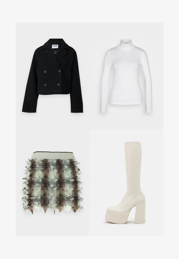 Veste noire courte à double boutonnage avec col cranté, manches larges, deux poches avant et six boutons assortis. Texture lisse.; Chemise à col roulé blanc à manches longues en tissu lisse et extensible. Offre une coupe ajustée et un col haut. Pas de motifs ni d'accents visibles.; Jupe froncée vert menthe avec un design en cage, ornée de motifs à carreaux marron et de bords effilés. Taille élastique pour un bon ajustement.; Steve Madden CYPRESS - Bottes à plateau - off white