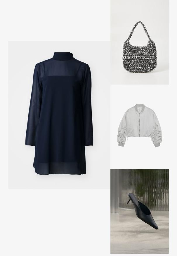 Korte bomberjack in lichtgrijs nylon, met een ritssluiting aan de voorkant, een geribde kraag, gathered mouwen en een zijzak met ritsdetail.; Navy blauwe jurk met lange mouwen en hoge kraag, gemaakt van transparant materiaal, met een stevig bovenlichaam en een vloeiende onderzoom.; Zwarte mule met puntige neus en dunne hoge hak, die boven een gladde betonnen vloer zweeft, met een wazige verticale gestreepte achtergrond.; Geweven handtas in zwart en wit met een ronde vorm, gestructureerd oppervlak en een gevlochten handvat. Geschikt voor dagelijks gebruik.