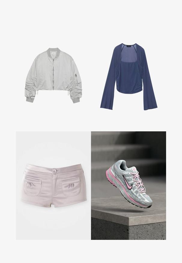 Veste bomber courte en nylon gris clair, dotée d'une fermeture éclair à l'avant, d'un col côtelé, de manches froncées et d'une poche latérale avec détail de fermeture éclair.; Haut à manches longues bleu marine avec décolleté carré, présentant des côtés froncés et un tissu lisse et texturé. Les manches évasées complètent le design.; Shorts violet clair en tissu lisse et brillant, avec deux poches à l'arrière et une fermeture à bouton à l'avant avec une taille plate.; Chaussure de course Nike grise et rose avec tige en mesh et semelle amortissante, positionnée en l’air au-dessus d’un rebord et d’une volée de marches en béton gris.