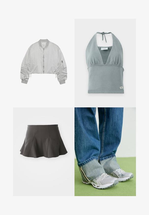 Korte bomberjack in lichtgrijs nylon, met een ritssluiting aan de voorkant, een geribde kraag, gathered mouwen en een zijzak met ritsdetail.; Halternek crop top in gedempt grijs, gemaakt van zachte stof, met een geplooid decolleté, mesh details en een klein logo label aan de onderkant.; Zwarte uitlopende rok met een getailleerde taille, voorzien van verticale naden en een gladde textuur. De zoom is licht gebogen en komt net boven de dijen.; Grijze sportieve schoenen van mesh materiaal met witte accenten, in combinatie met blauwe denim jeans die aan de enkels zijn omgeslagen.